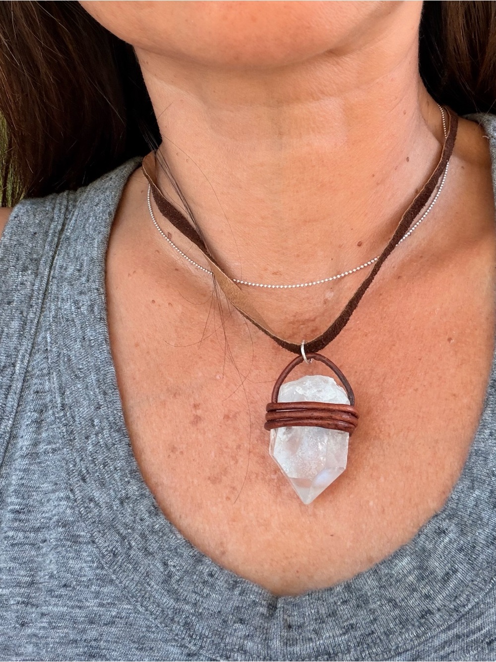Artisan Clear Crystal Pendant with Brown Leather Cord